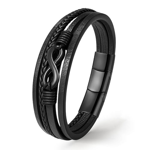 BLACK NICE Infinity Lederarmband Schwarz – vier Stränge geflochten, Edelstahl Unendlichkeitszeichen gravierbar Uniqal