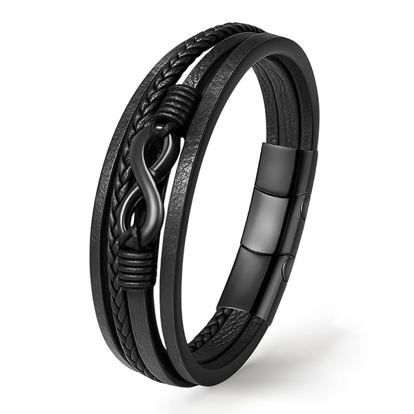 BLACK NICE Infinity Lederarmband Schwarz – vier Stränge geflochten, Edelstahl Unendlichkeitszeichen gravierbar Uniqal