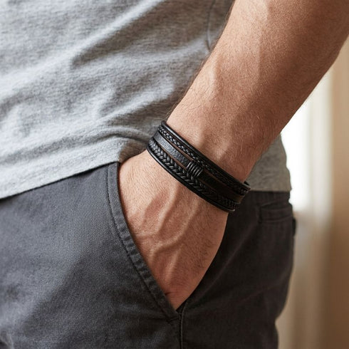 BLACK SHADOW Lederarmband Freisteller – geflochten schwarz, Magnetverschluss, Namensgravur Uniqal