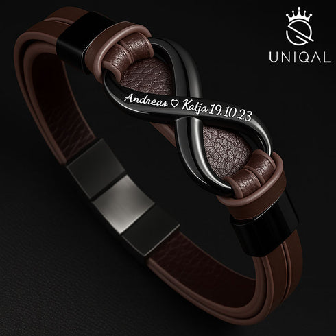 INFINITY BROWN mit Gravur – Pärchen Armband mit Namen und Datum, personalisiertes Geschenk zum Jahrestag oder Hochzeitstag, Uniqal