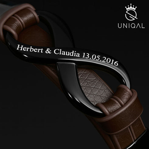 INFINITY BROWN mit Gravur – Partnerarmband mit Namen und Datum, personalisiertes Geschenk zum Jahrestag oder Hochzeitstag, Uniqal