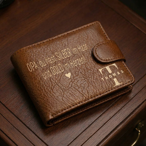 Hochwertiges Portemonnaie aus Echtleder mit frontseitiger Personalisierung