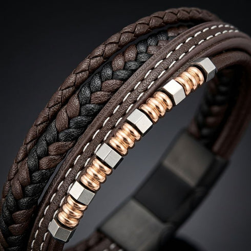 BROWN BRICS Detailaufnahme – Rosegold Perlen, vier Stränge braun schwarz, Wunschgravur Uniqal