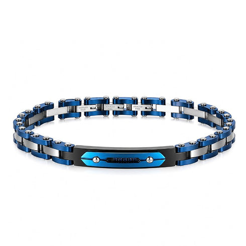 CATENA uniqal Edelstahlarmband mit blauen Keramikelementen, schwarzer Mittelplatte und funkelnden Zirkonia in Frontalansicht