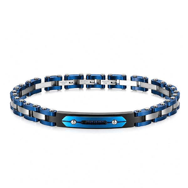 CATENA uniqal Edelstahlarmband mit blauen Keramikelementen, schwarzer Mittelplatte und funkelnden Zirkonia in Frontalansicht