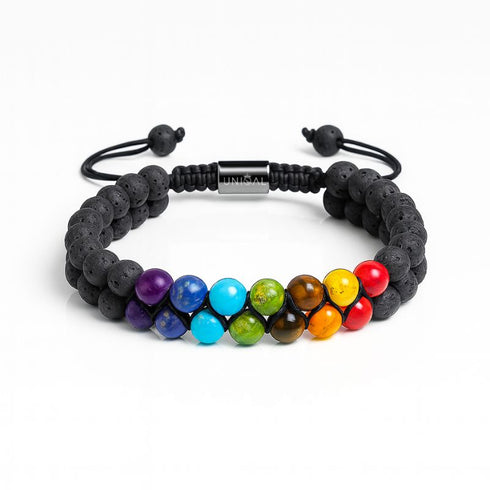 Zweireihiges Chakra-Armband mit Lavaperlen in harmonischer Anordnung – Vorderansicht