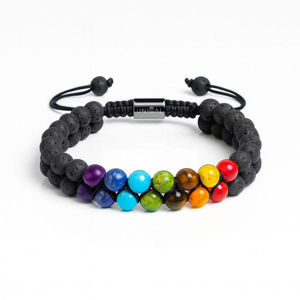 Zweireihiges Chakra-Armband mit Lavaperlen in harmonischer Anordnung – Vorderansicht