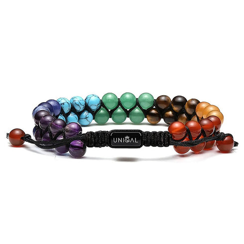 Chakra Energy Armband von Uniqal – handgefertigt aus Karneol, Tigerauge, Aventurin, Türkis, Lapislazuli und Amethyst, harmonisches Farbenspiel für Balance und Stil