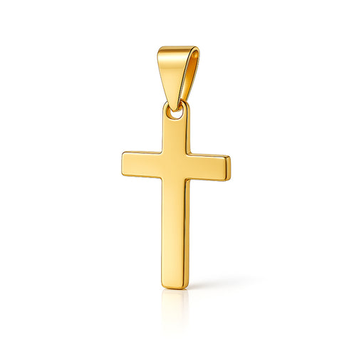 Detailansicht eines goldenen Kreuzanhängers – glänzende Oberfläche, feine Gravur, luxuriöse Verarbeitung