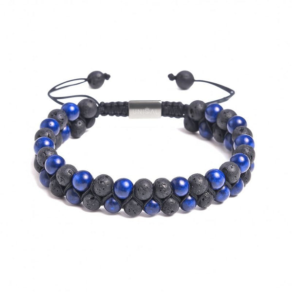Handgefertigtes Perlenarmband mit schwarzem Lavastein und blauem Lapis – doppelte Reihe mit verstellbarem Band