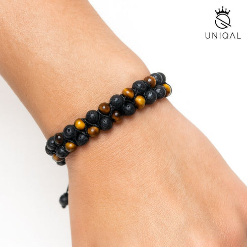 Uniqal Luxus Armband zweireihig – Tigerauge und Lavastein, Edelstein Schmuck für Energie und Balance, Unisex