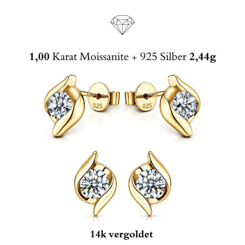 Алт: FIORA Moissanit Ohrstecker 14K Gold vergoldet – 925 Silber, 1,00 Karat, D-Farblos VVS1, Produktbild Vorder- und Rückseite, Uniqal