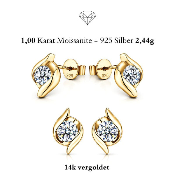 Алт: FIORA Moissanit Ohrstecker 14K Gold vergoldet – 925 Silber, 1,00 Karat, D-Farblos VVS1, Produktbild Vorder- und Rückseite, Uniqal