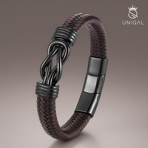 Edles Uniqal Herrenarmband aus geflochtenem Leder und schwarzem Edelstahl – perfekte Geschenkidee zu Weihnachten oder Geburtstag.