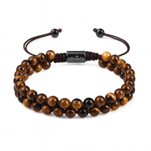 Zweireihiges Armband aus gelbem Tigerauge – edle Natursteinperlen auf weißem Hintergrund, 6 mm Kugeln, Premium-Makramee-Verschluss von UNIQAL