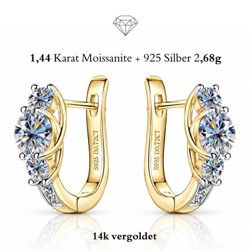 ISADORA Moissanit Creolen 14K Gold – 925 Silber vergoldet, zentraler 5mm Moissanit mit Akzentsteinen und Pavé, S925 D0.72CT Gravur, weißer Hintergrund, Uniqal