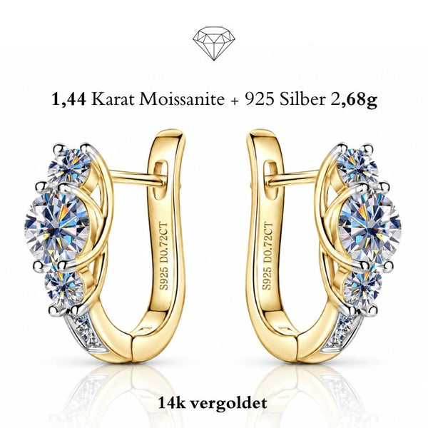 ISADORA Moissanit Creolen 14K Gold – 925 Silber vergoldet, zentraler 5mm Moissanit mit Akzentsteinen und Pavé, S925 D0.72CT Gravur, weißer Hintergrund, Uniqal