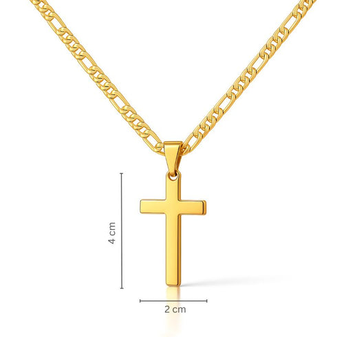 Vergoldete Kreuzkette für Herren – 18K Gold, Figarogliederung, auf weißem Hintergrund mit Anhängergrösse