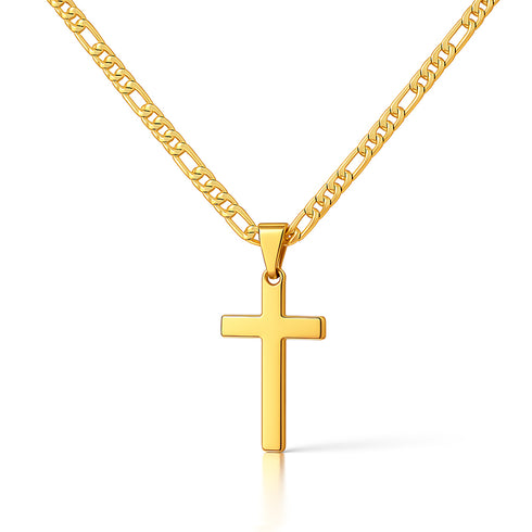 Vergoldete Kreuzkette für Herren – 18K Gold, Figarogliederung, auf weißem Hintergrund