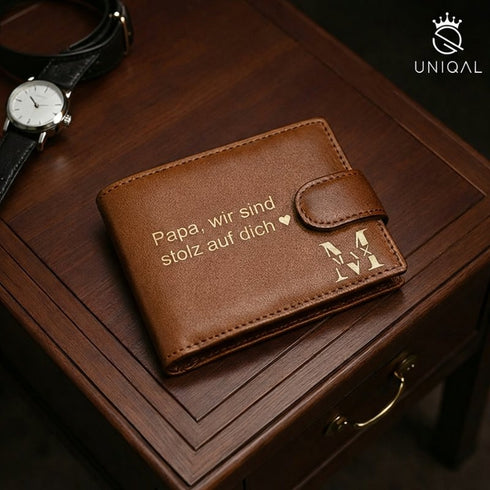 Nahaufnahme der hochwertigen Namensgravur auf braunem Leder