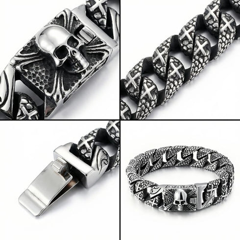 HALL OF VALHALLA Herrenarmband aus Edelstahl und Wolfram mit Totenkopfverschluss