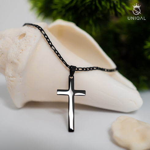 Schwarze personalisierte halskette mit kreuz herren gravur uniqal