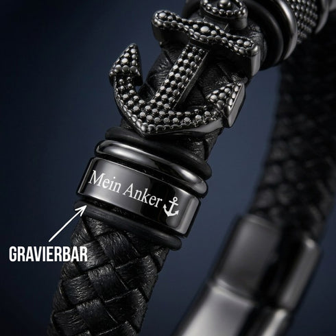 Schwarzes geflochtenes Lederarmband mit Anker Motiv und gravierbaren Ringen
