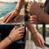 Vier Ansichten des UNIQAL IBIZA am Handgelenk: am Wasser, beim Anlegen, mit einem Glas und zu einem hellen Hemd.