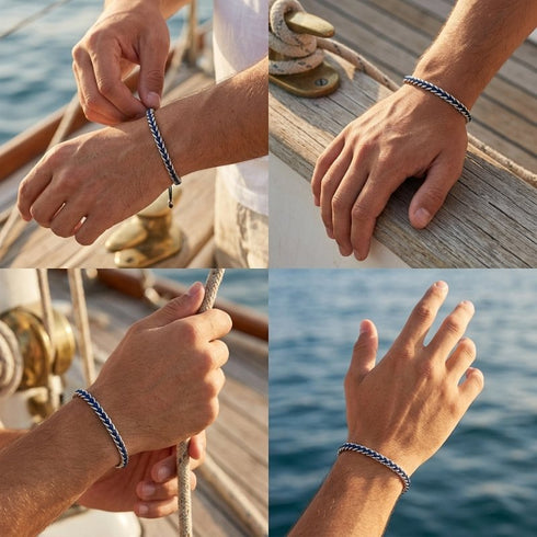 Collage des UNIQAL IBIZA an Bord eines Segelboots: beim Anpassen, an der Reling, beim Halten eines Taus und am Meer.