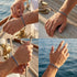 Collage des UNIQAL IBIZA an Bord eines Segelboots: beim Anpassen, an der Reling, beim Halten eines Taus und am Meer.