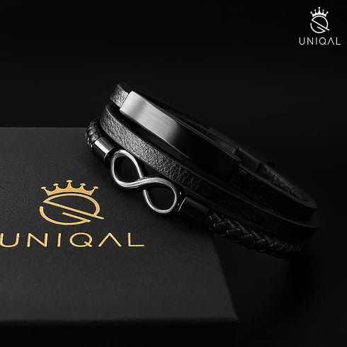 Unisex Armband Uniqal DARK BONE BLACK – schwarzes Leder & Edelstahl Totenköpfe