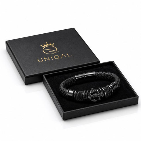 Gravierbares schwarzes Lederarmband mit Anker Symbol, Geschenkbox und hochwertiger Verarbeitung