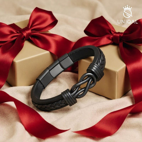Infinity-Armband aus Edelstahl & Leder – perfektes Geschenk für Männer, die Qualität & Bedeutung schätzen.