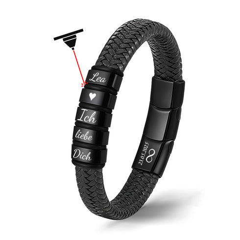 Personalisiertes Lederarmband mit Gravur und Familienringen – elegantes Symbol für Zusammenhalt.
