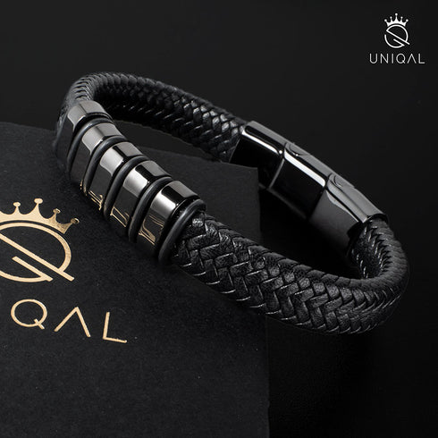 Lederarmband herren mit gravur schwarz uniqal