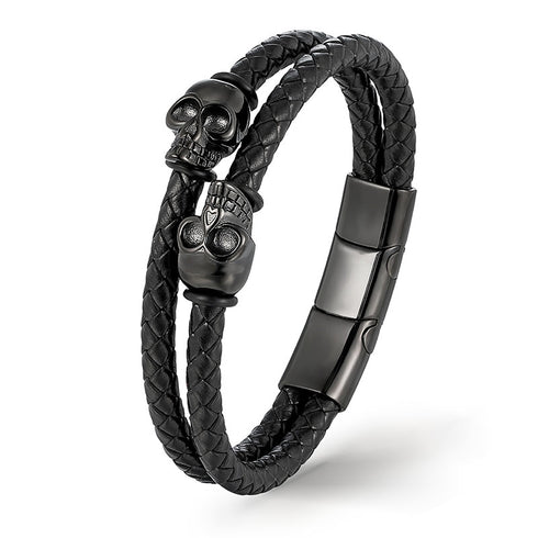 Lederarmband mit schwarzen Totenkopf-Elementen – doppelt geflochten, UNIQAL Design