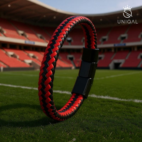 Uniqal Lederarmband Rot-Schwarz im Stadion – sportliches Accessoire für Fußballfans, Männer mit Power und moderne Geschenkidee mit Charakter.