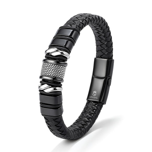 Schwarzes Herren Lederarmband mit polierten Edelstahl-Details und geflochtener Struktur von Uniqal.