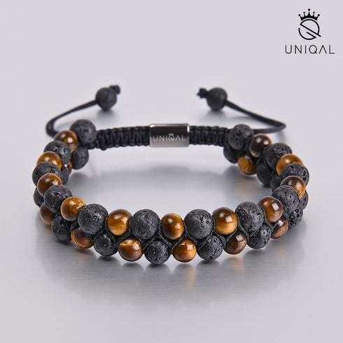 Uniqal Luxus Armband zweireihig – Tigerauge und Lavastein, Edelstein Schmuck für Energie und Balance, Unisex