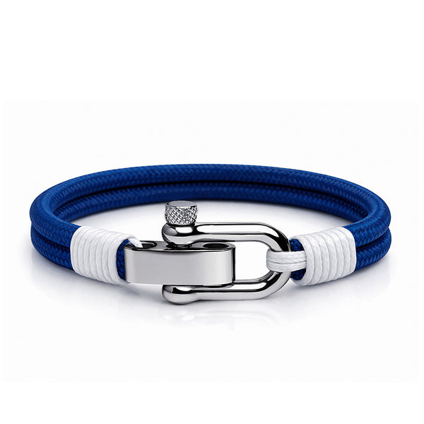 Maritimes nautisches Unisex Armband WINDBREAKER aus blau weißem Segeltau mit verstellbarem Schäkel mit Gravur von Uniqal