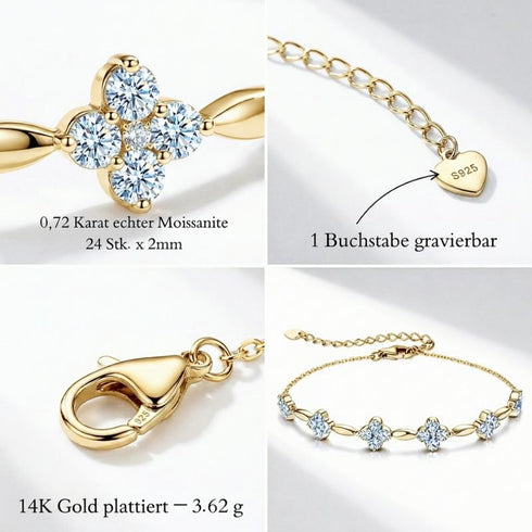 Detailaufnahme vom vergoldeten Moissanit Armband mit Herzverschluss, Verlängerungskette und gravierbarem Element aus 925 Sterling Silber.