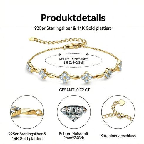 Produktdetails zum Uniqal Armband mit Moissanit Steinen, floralem Design, 925 Silber Basis und hochwertiger Vergoldung.