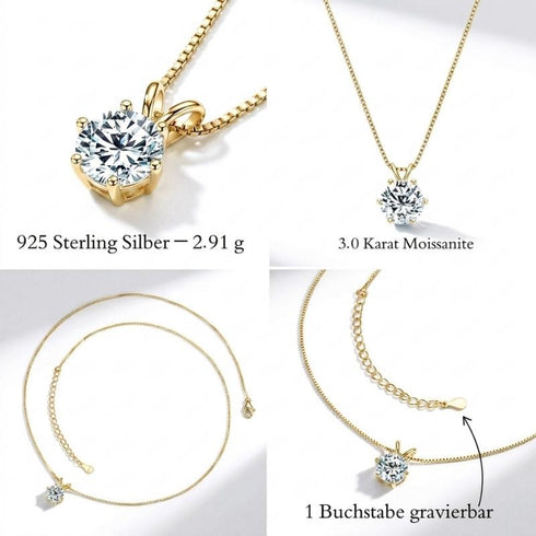 14K goldplattiertes Moissanit Collier mit 3,0 Karat Solitär Anhänger, verstellbarer Kette und gravierbarem Herzverschluss mit einem Buchstaben.