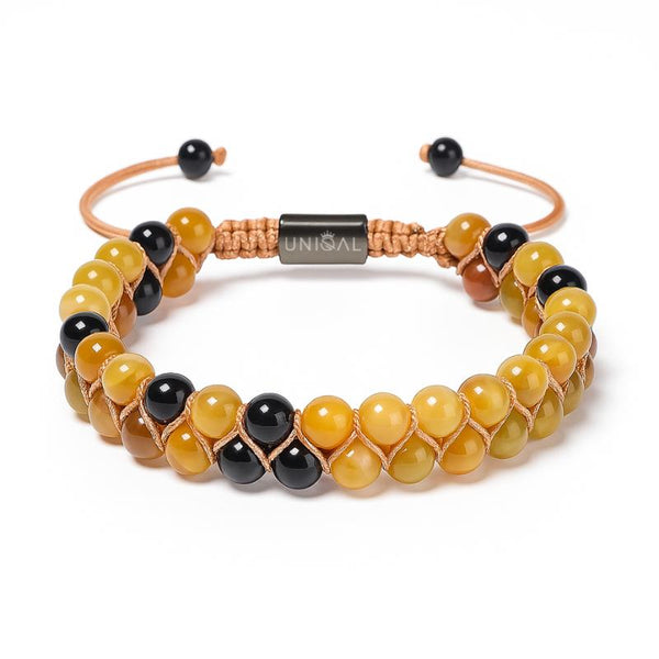 Produktaufnahme auf weißem Hintergrund – zweireihiges Unisex-Armband aus Onyx- und Achatsteinen.