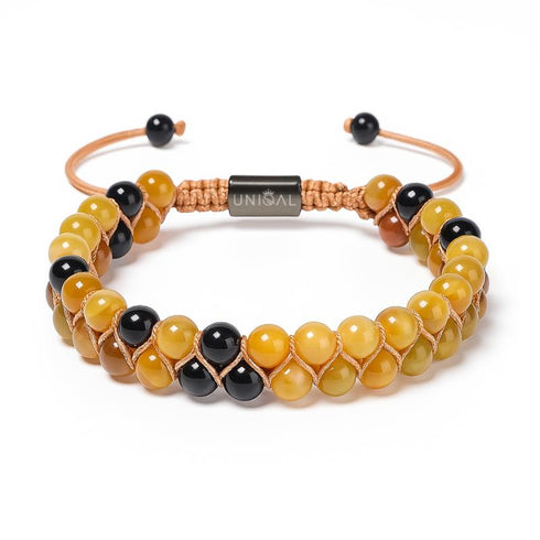 Uniqal zweireihiges Edelsteinarmband aus Onyx und Honigachat – 6 mm Naturperlen, Makramee-Verschluss, gravierbar, Unisex