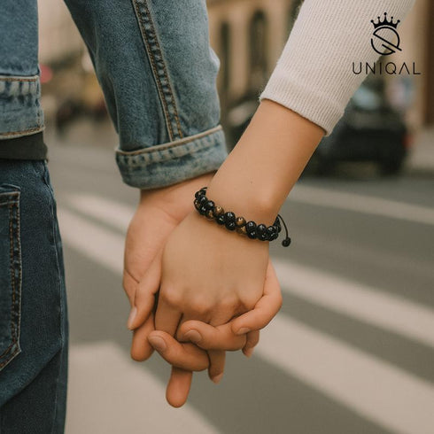Schützendes Natursteinarmband als Partnerschmuck – kraftvolle Onyx-, Hämatit- und Tigerauge-Perlen für innere Stärke Partnerlook Pärchen