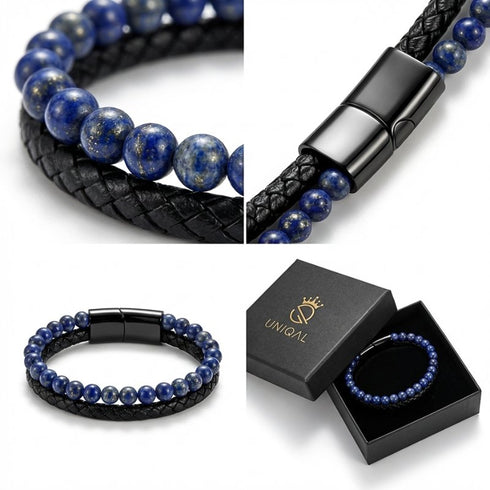 Detailaufnahme des Uniqal PASSION LAPIS mit tiefblauen Lapislazuli Perlen und hochwertiger Verarbeitung, stilvoller Schmuck mit individueller Personalisierung