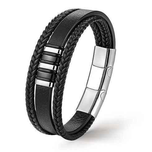 Schwarz-Silber geflochtenes Lederarmband für Herren mit Magnetverschluss