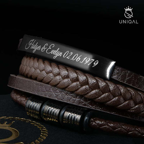 personalisiertes braun lederarmband herren mit gravur uniqal shape bracelet
