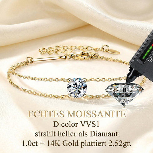 Produktdarstellung vom 1 Karat Moissanit Armband aus 14K goldplattiertem Silber mit Details zu Gewicht und Qualität.